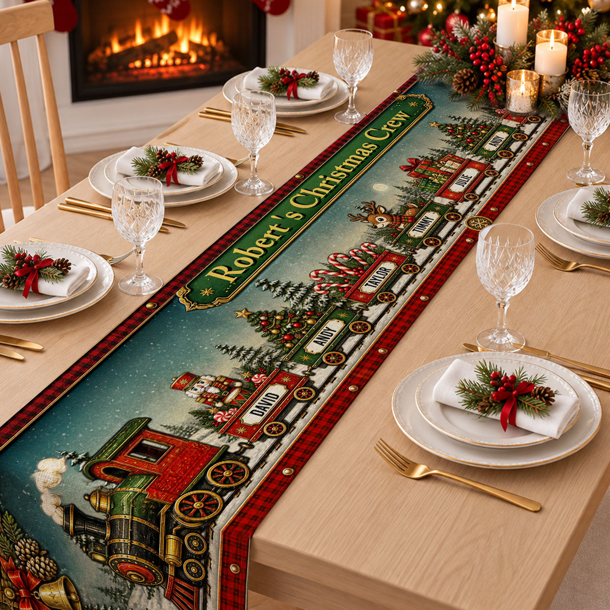 Custom Family Name Christmas Gifts, Holiday Decor Gift • Christmas Train Family - Personalized Table Runner