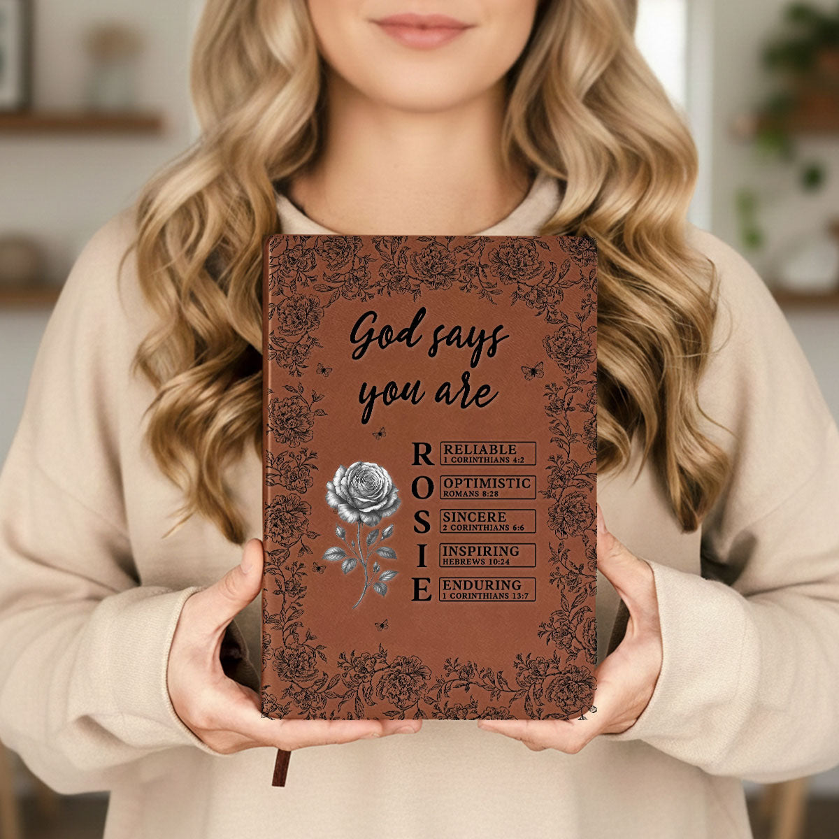 Custom Birth Flower & Name In Bible Verse Notebook • God Says I Am - Personalized Leather Journal