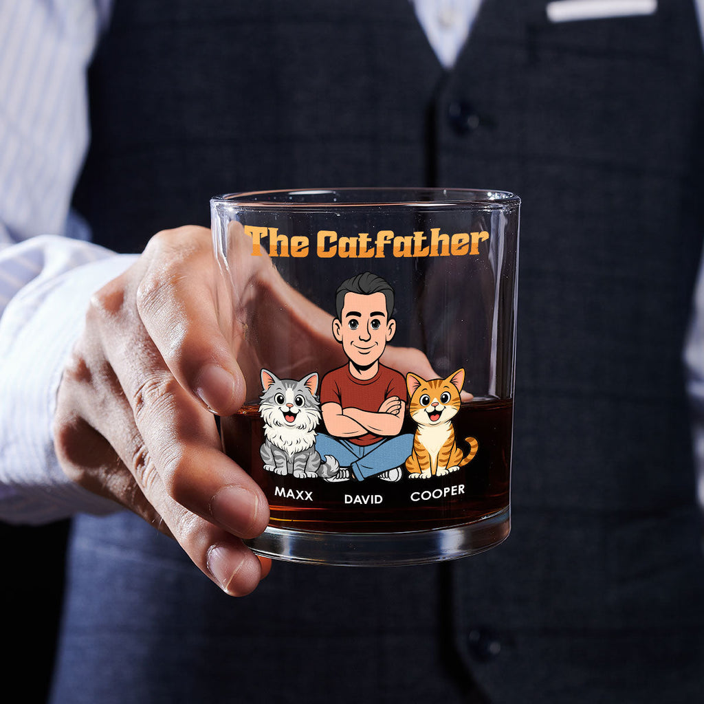 Custom Christmas Birthday Drinkware Gifts for Cat Lovers • The Catfather Retro - Personalized Whiskey Glass