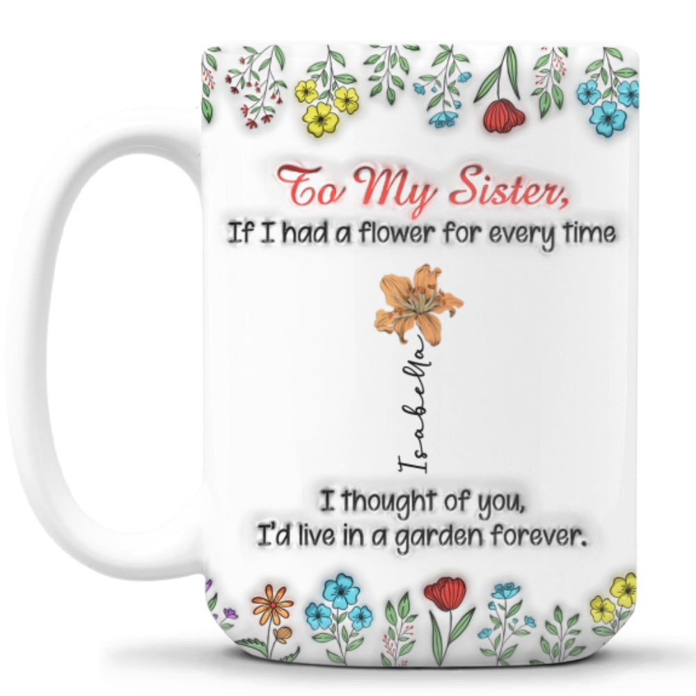 Custom Name & Birth Flower Birthday, Christmas Gift for Sister • My Garden Grows With Sisters - Personalized 3D Inflated Effect Mug