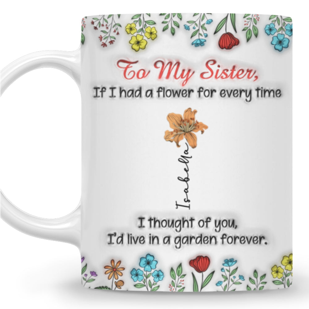 Custom Name & Birth Flower Birthday, Christmas Gift for Sister • My Garden Grows With Sisters - Personalized 3D Inflated Effect Mug