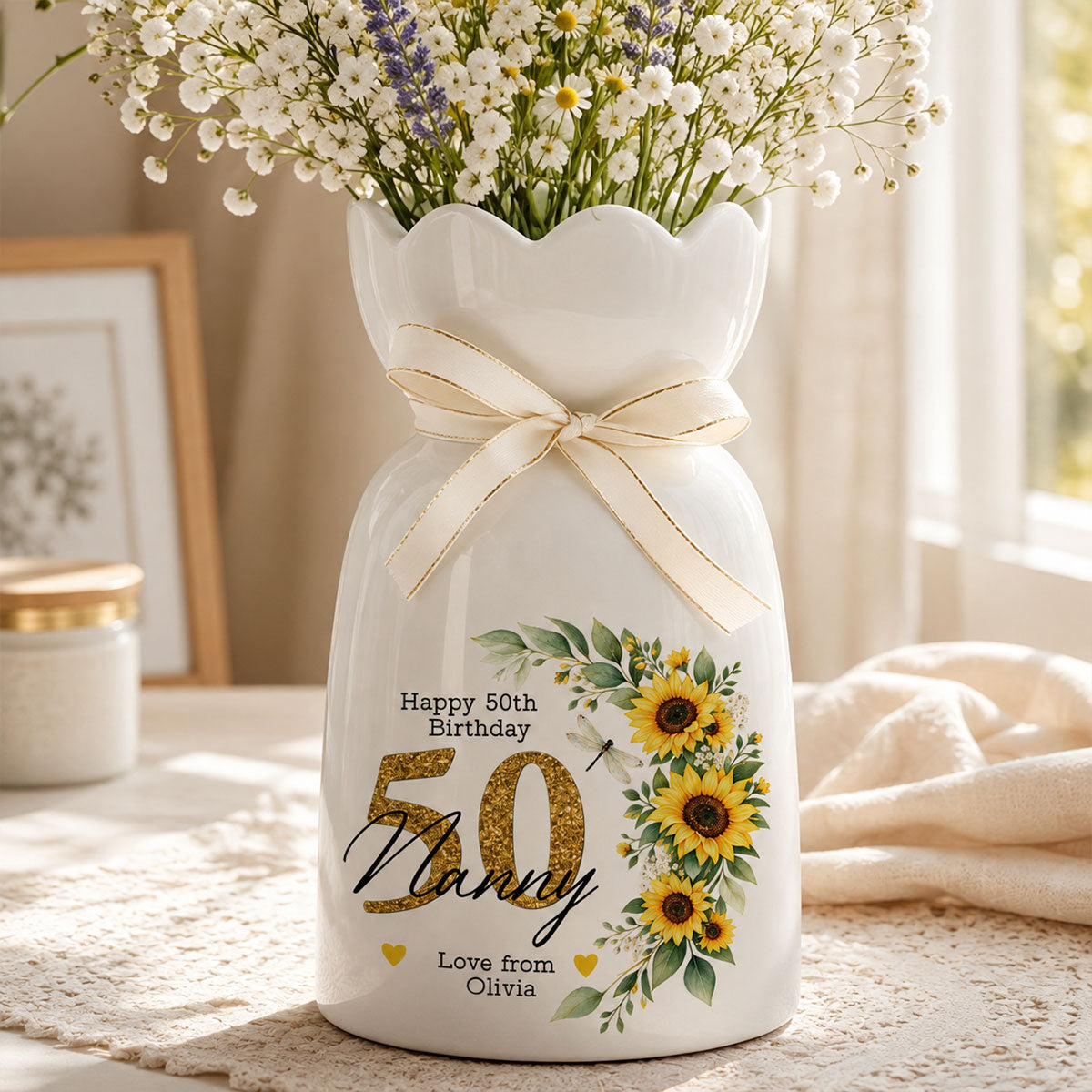 Happy Birthday - Personalized Ribbon Tie Flower Vase