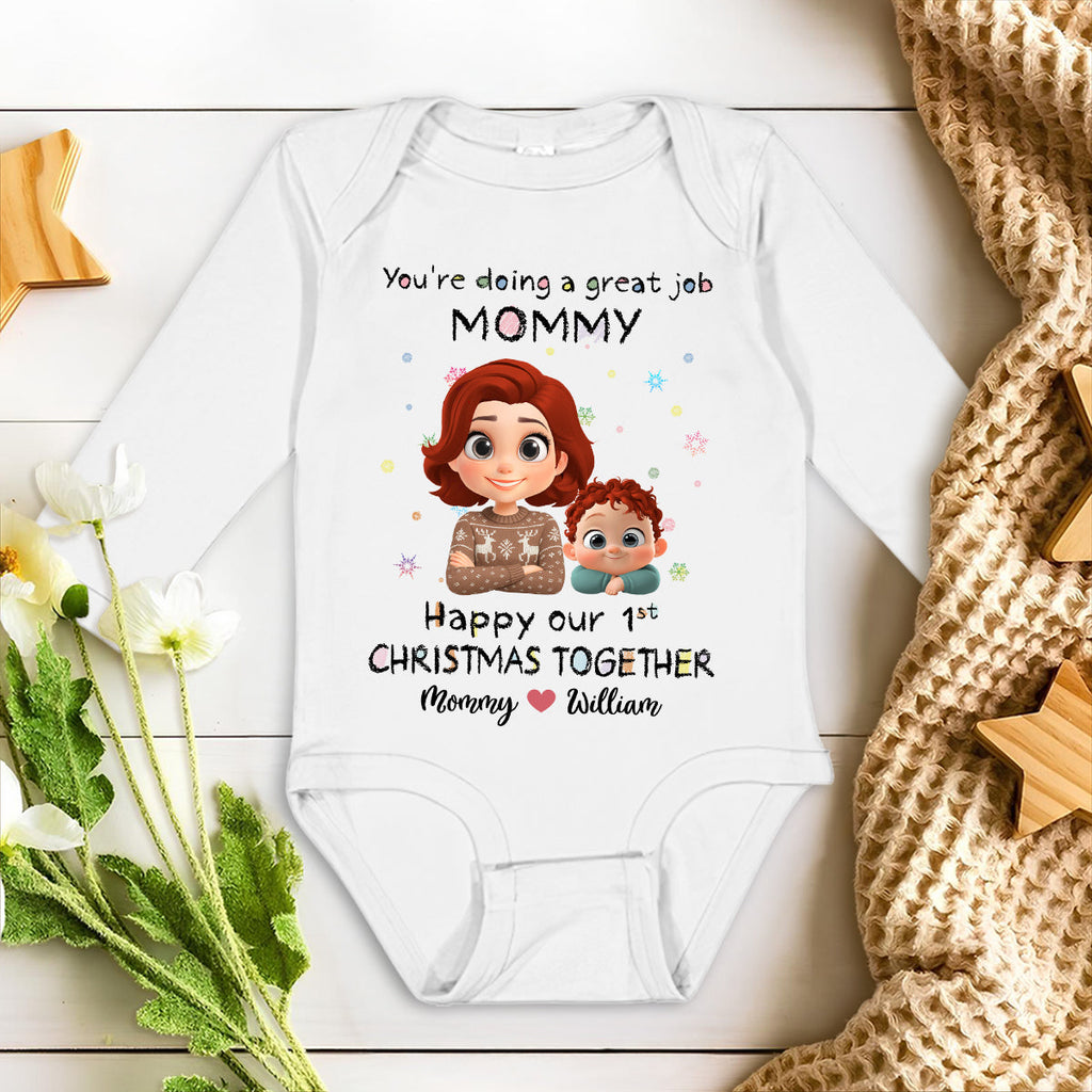 Mommy Is Doing A Great Job Cartoon Christmas - Personalized Long Sleeve Baby Onesie