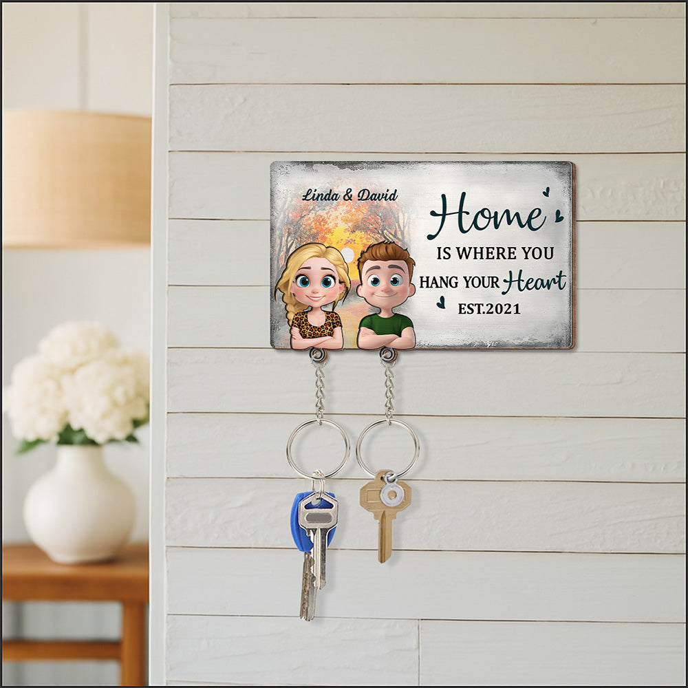 Home Is Where You Hang Your Heart - Personalized Wooden Key Holder With Keychain