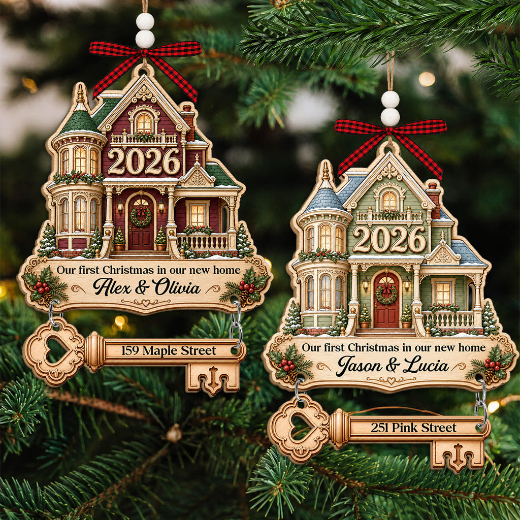Custom Keepsake Christmas Ornament •  Christmas In Our New Home - Personalized Wooden Ornament With Tag