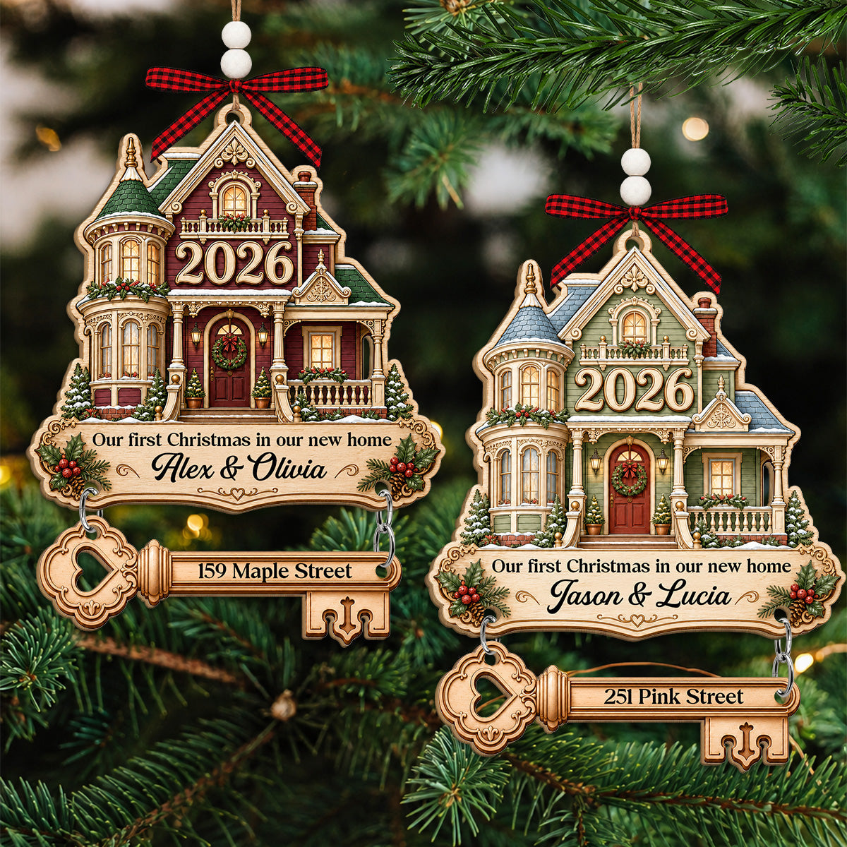 Custom Keepsake Christmas Ornament •  Christmas In Our New Home - Personalized Wooden Ornament With Tag