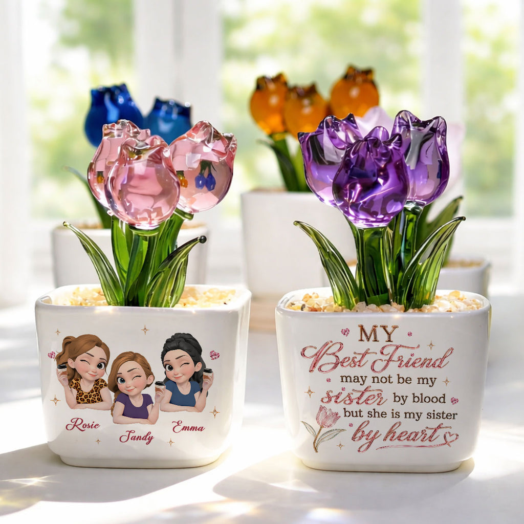 Custom Flower Keepsake, Glass Home Decor Gift for Best Friend • My Sister By Heart - Personalized Glass Everlasting Tulips