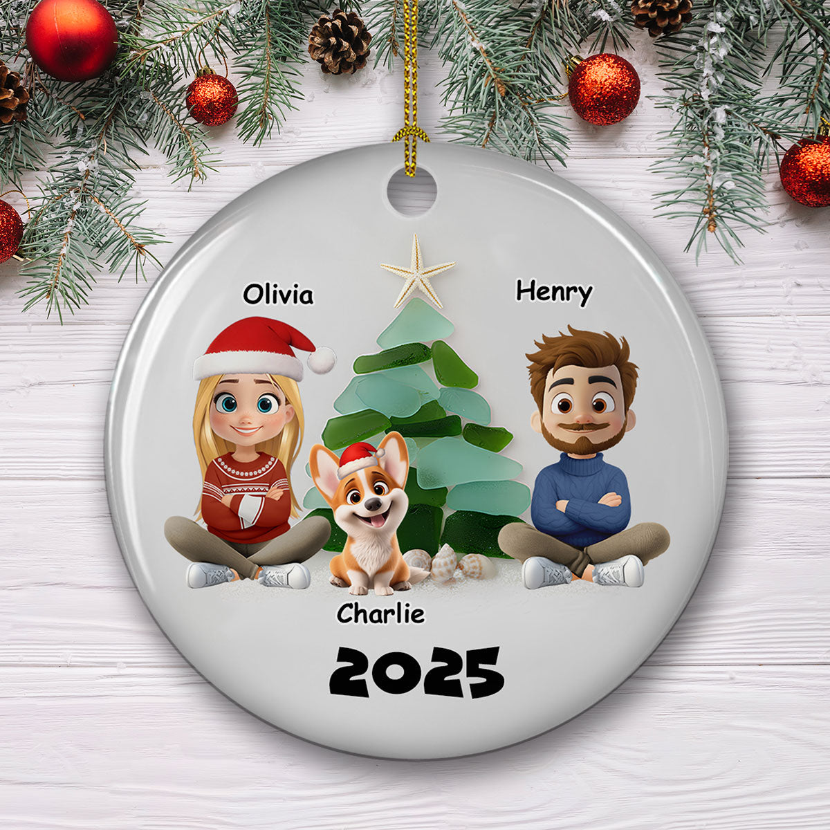 Custom Family Ornament, Christmas Gift for Family Members •  Family Sea Glass Christmas Tree - Personalized Ceramic Ornament