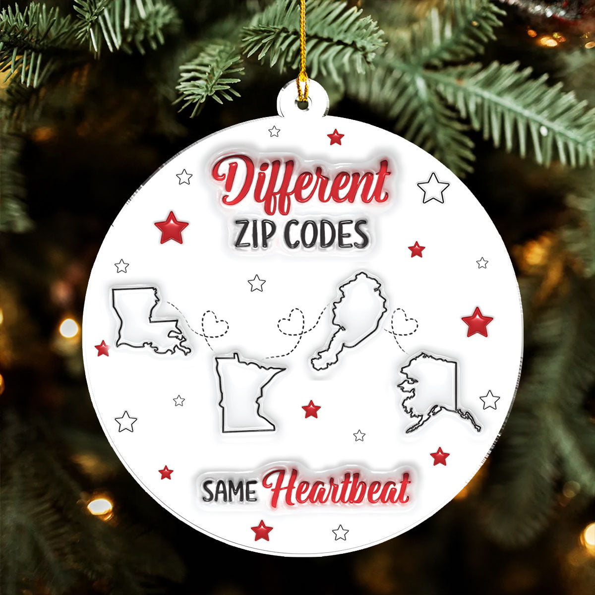 Custom Family Christmas Ornament for Long Distance Families •  Long Distance But Same Heartbeat - Personalized 3D Inflated Effect Acrylic Ornament