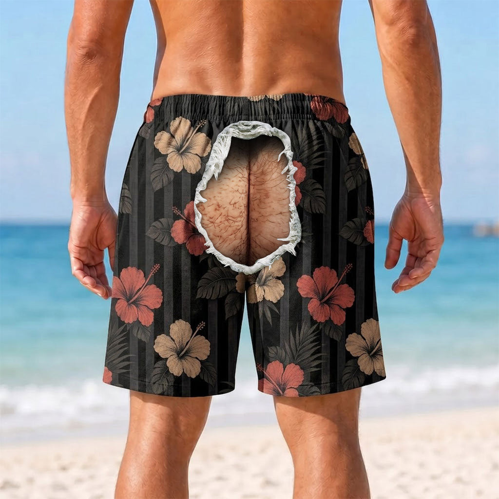 Custom Funny Hairy Man Swim Trunks, Birthday Summer Gift • Butt Crack Beach - Personalized Beach Shorts