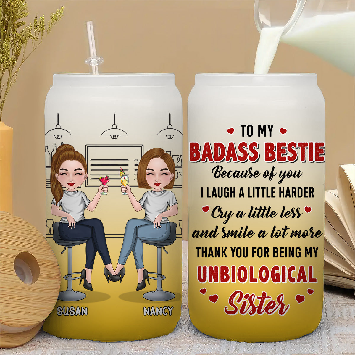 Because Of You I Laugh A Little Harder - Personalized Ombre Frosted Glass Can