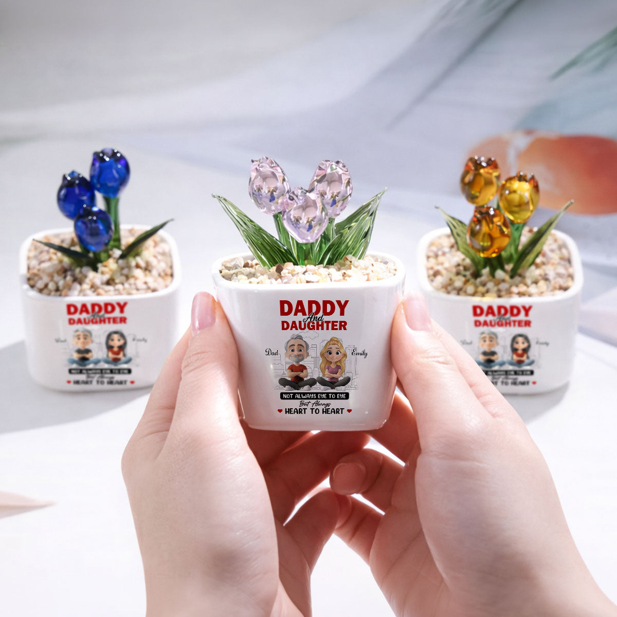 Custom Mother's Day Flower Keepsake, Glass Home Decor Gift for Daughter • Dad And Daughter Always Together - Personalized Glass Everlasting Tulips