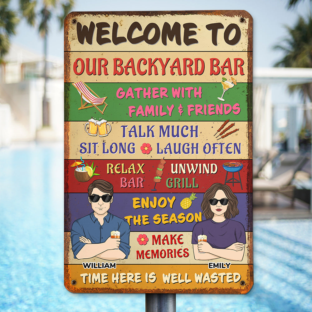 Custom Family Summer Backyard, Patio & Porch Decor • Welcome To Our Backyard Bar - Personalized Metal Sign