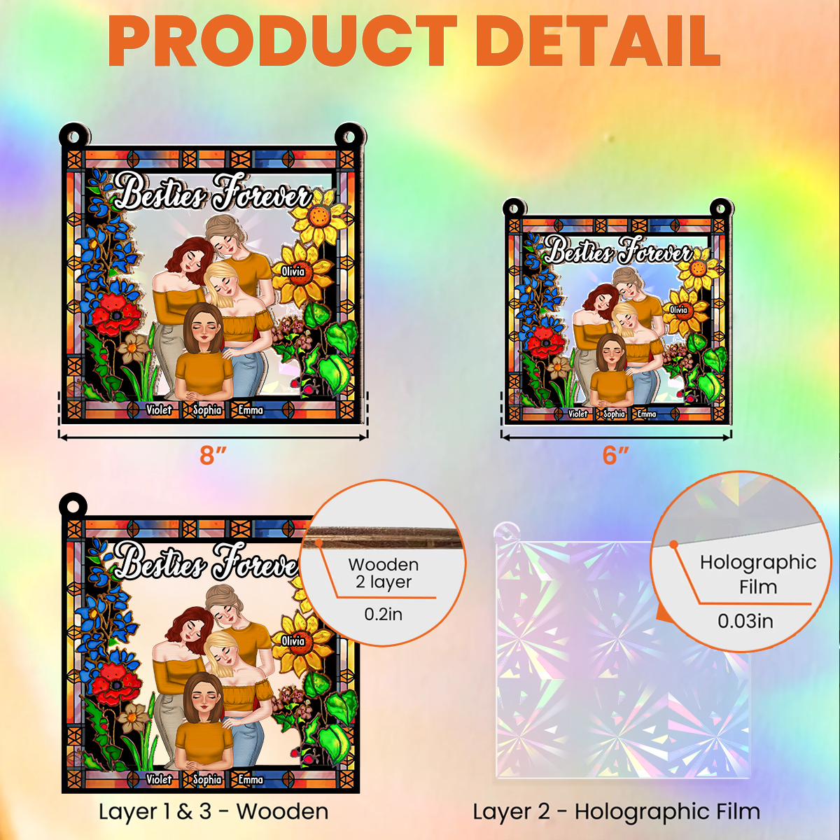Custom Best Friend Hanging Decor, Friendship Birthday Gifts • Besties Forever Floral Style - Personalized Rainbow Suncatcher