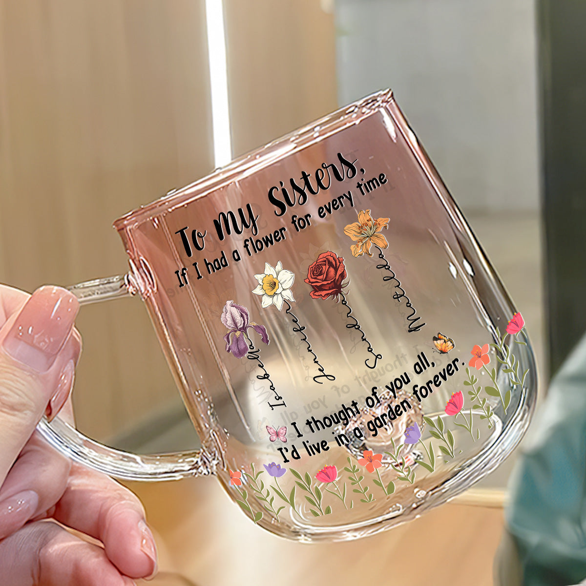Custom Name & Birth Flower Birthday, Christmas Gift for Sister • Sisters Make Life More Beautiful - Personalized Pink Gradient Glass Mug