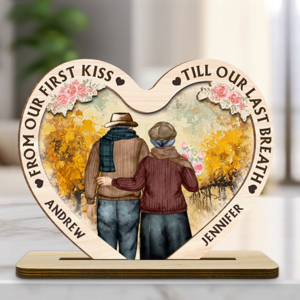 Custom Decor for Wife, Gift for Her • Our First Kiss - Personalized 2-Layer Wood Plaque With Flat Base
