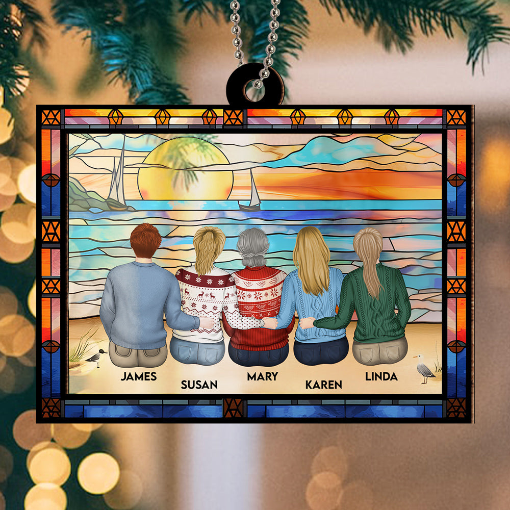 Custom Family Ornament, Christmas Gift for Family Members •  Mom And Children Sitting On The Beach - Personalized Suncatcher Ornament