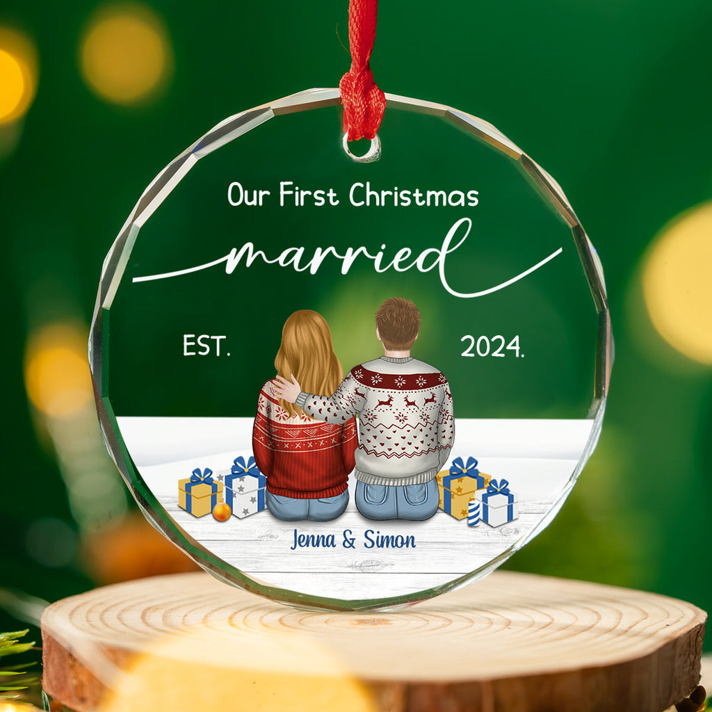 Custom First Christmas Ornament Married, Gift for Newlyweds •  Our First Christmas Married - Personalized Glass Ornament