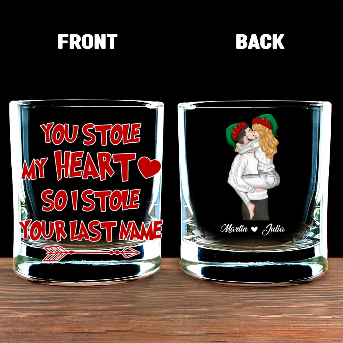 Custom Christmas Anniversary Birthday Drinkware Gifts for Couple • You Stole My Heart - Personalized Whiskey Glass