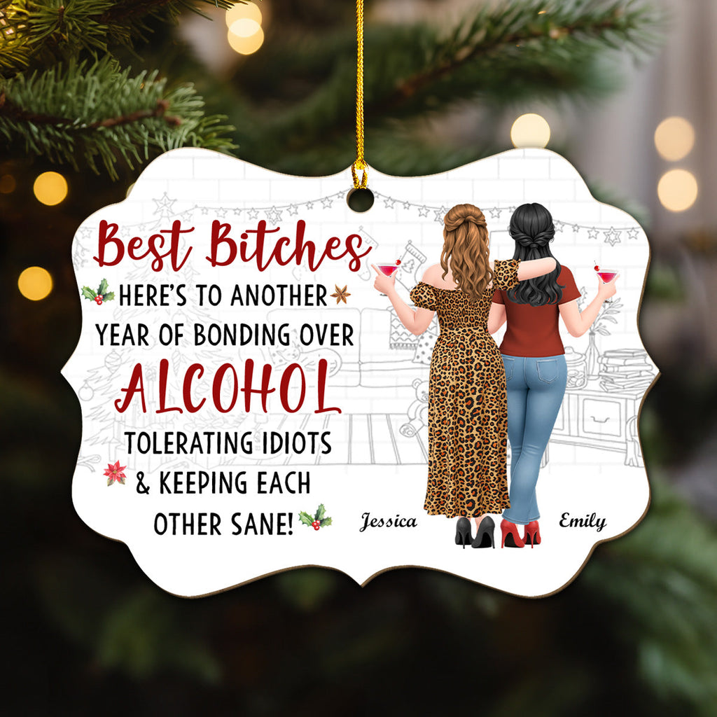 Custom Friendship Christmas Ornament, Best Friend Gift •  Cheers To Another Crazy Year - Personalized Wood Ornament