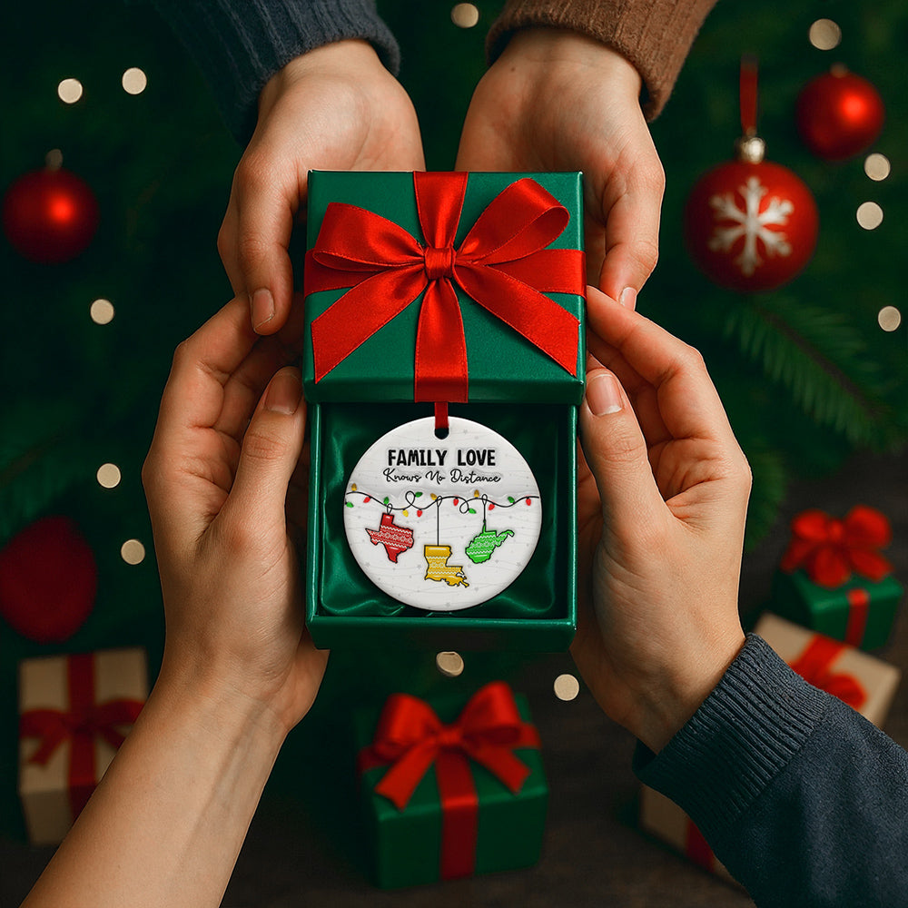 Custom Family Christmas Ornament for Long Distance Families •  Family Love Knows No Distance - Personalized 3D Inflated Effect Ceramic Ornament