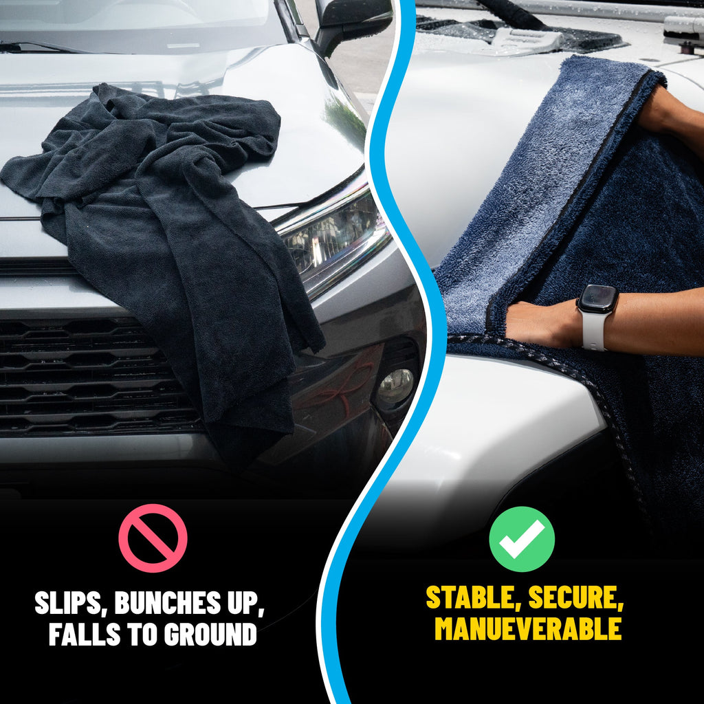 Comparison of ordinary towel that slips and bunches up versus Megalodon Pocket Grip towel that is stable, secure, and maneuverable on car hood