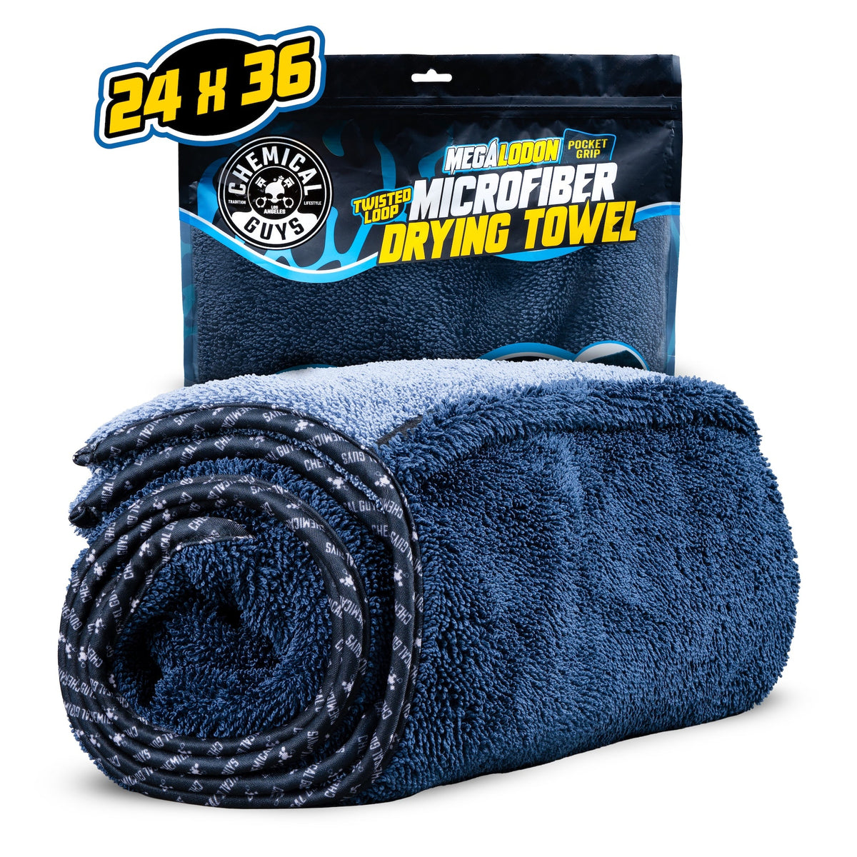 Megalodon Pocket Grip Twisted Loop Microfiber Drying Towel rolled up in front of retail packaging, 24 x 36 inches