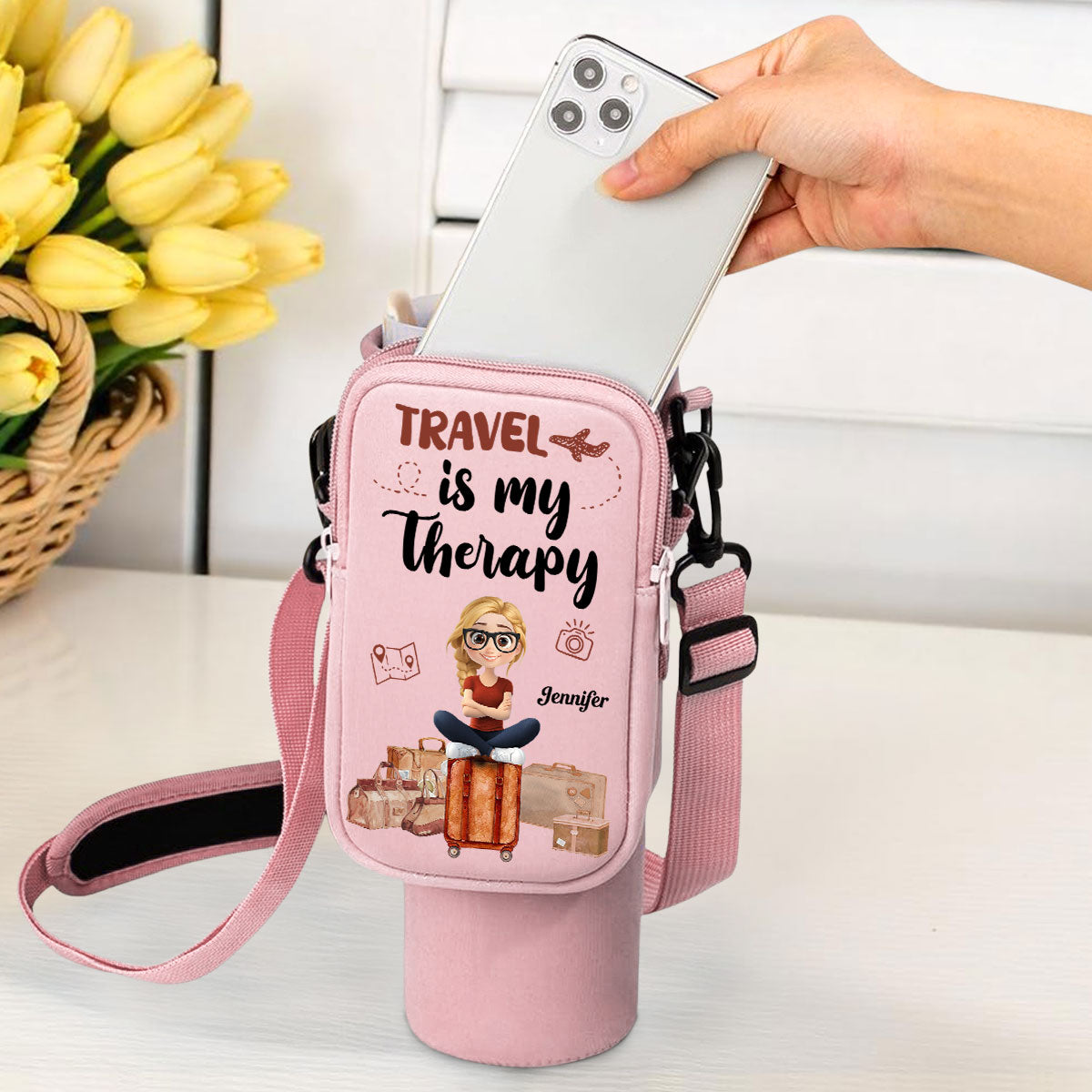 Travel Is My Therapy - Personalized 40oz Water Bottle Carrier Bag