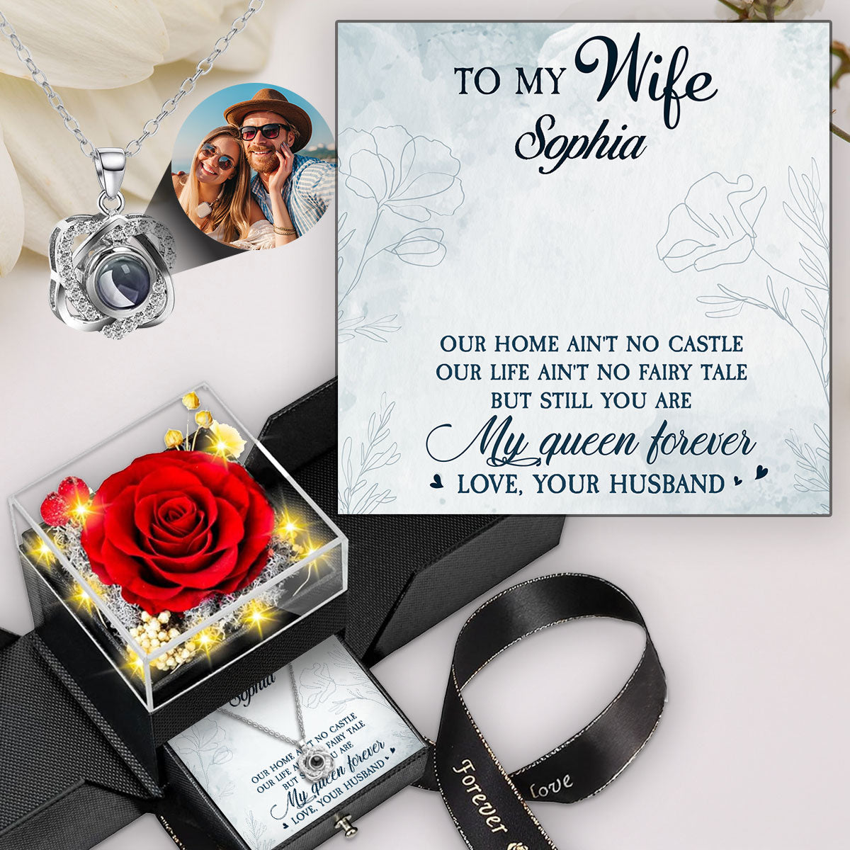 My Queen Forever - Personalized Preserved Rose With Projection Necklace