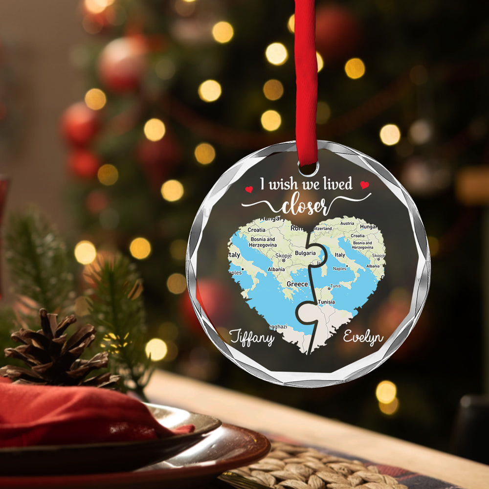 Custom Friendship Christmas Ornament, Best Friend Gift •  I Wish We Lived Closer Map Version - Personalized Glass Ornament