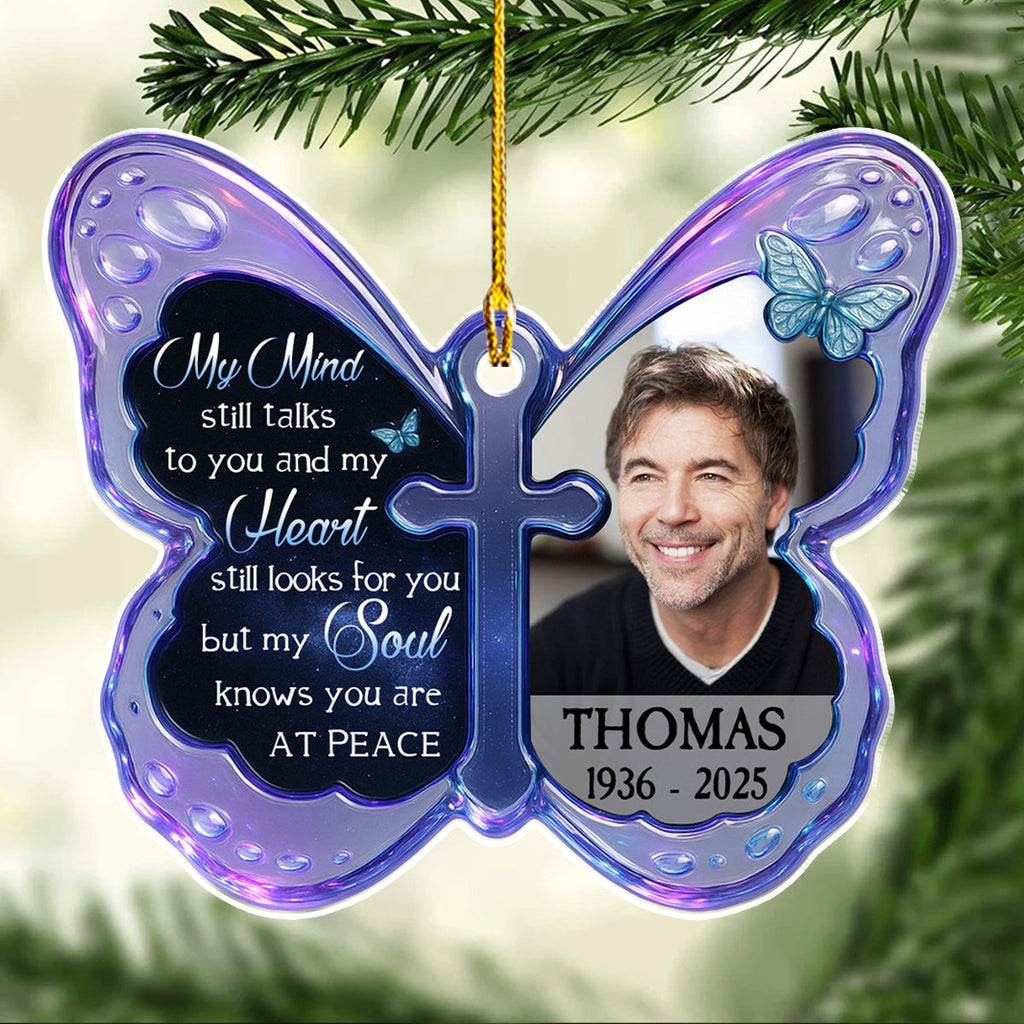 Custom Photo Memorial Christmas Ornament, Sympathy Keepsake • At Peace - Personalized Acrylic Ornament