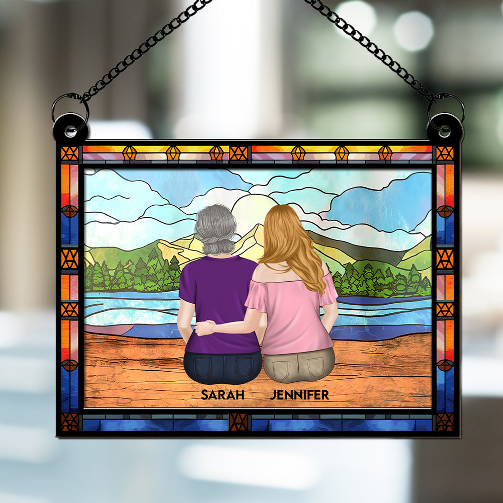 Custom Hanging Decor for Mom Daughter, Mother's Day Birthday Gifts • Mom And Children Sitting On The Beach - Personalized Suncatcher