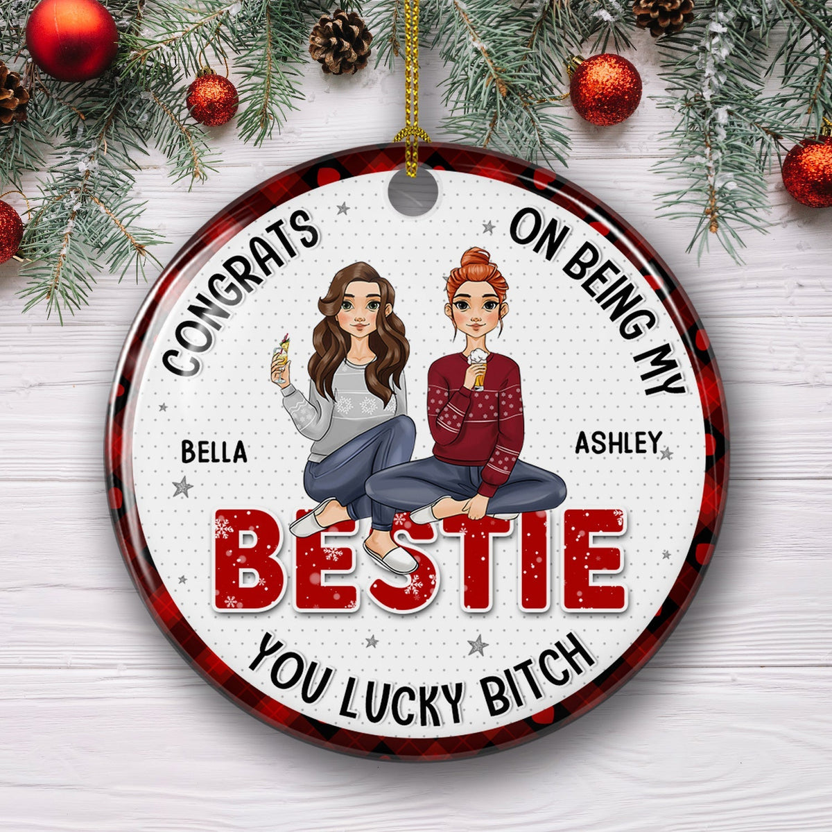 Custom Friendship Christmas Ornament, Best Friend Gift •  Congrats My Bestie - Personalized Circle Ceramic Christmas Ornament