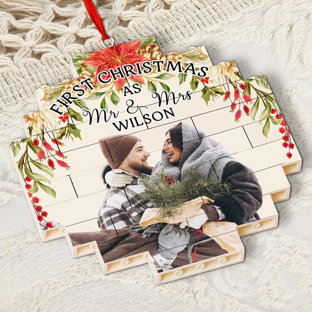 Custom Photo First Christmas Ornament Married, Gift for Newlyweds • First Christmas - Personalized Puzzle Ornament