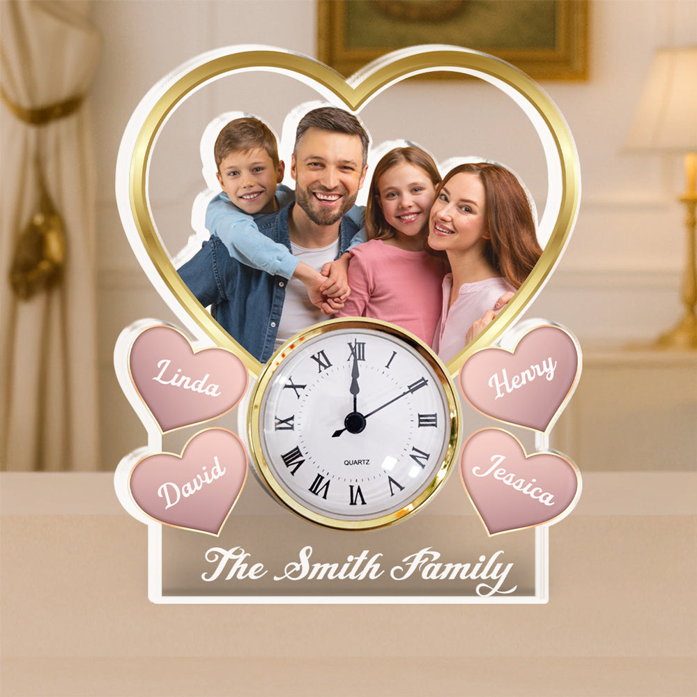 Custom Couple's Decor, Anniversary & Wedding Gift • Heart Family Photo - Personalized Acrylic Desk Clock Plaque
