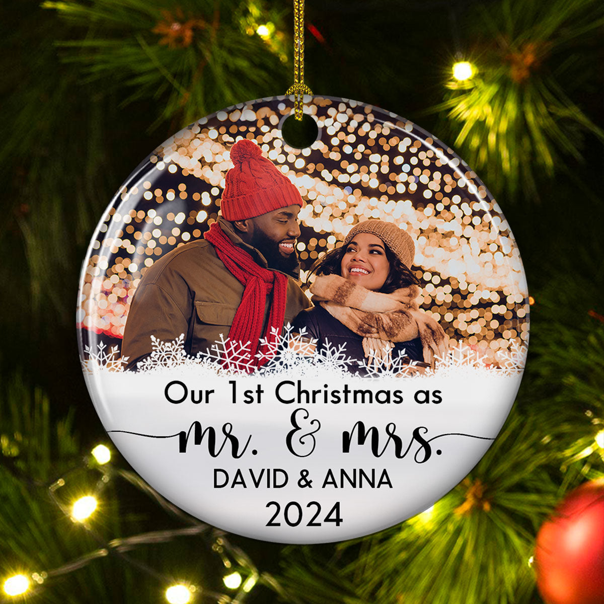 Custom Photo Couple Christmas Ornament, Anniversary Gift • Our 1st Christmas - Personalized Circle Ceramic Christmas Ornament