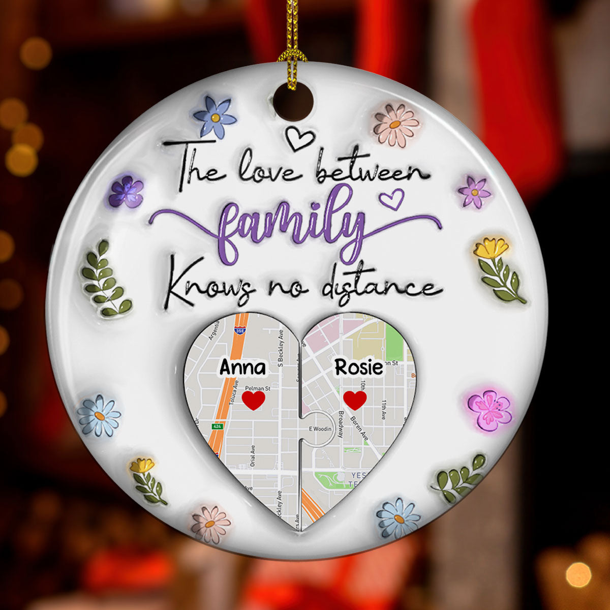 Custom Family Christmas Ornament for Long Distance Families •  The Love Between Family Knows No Distance - Personalized 3D Inflated Effect Ceramic Ornament
