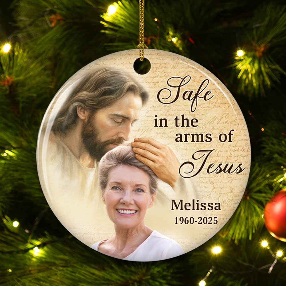 Custom Photo Memorial Christmas Ornament, Sympathy Keepsake • Safe In His Arms - Personalized Ceramic Ornament