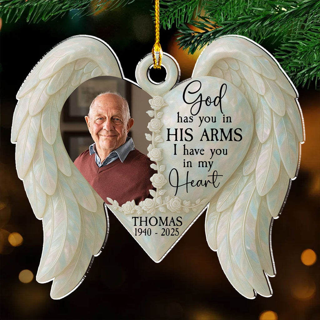 Custom Photo Memorial Christmas Ornament, Sympathy Keepsake • God Has You In His Arm - Personalized Acrylic Ornament