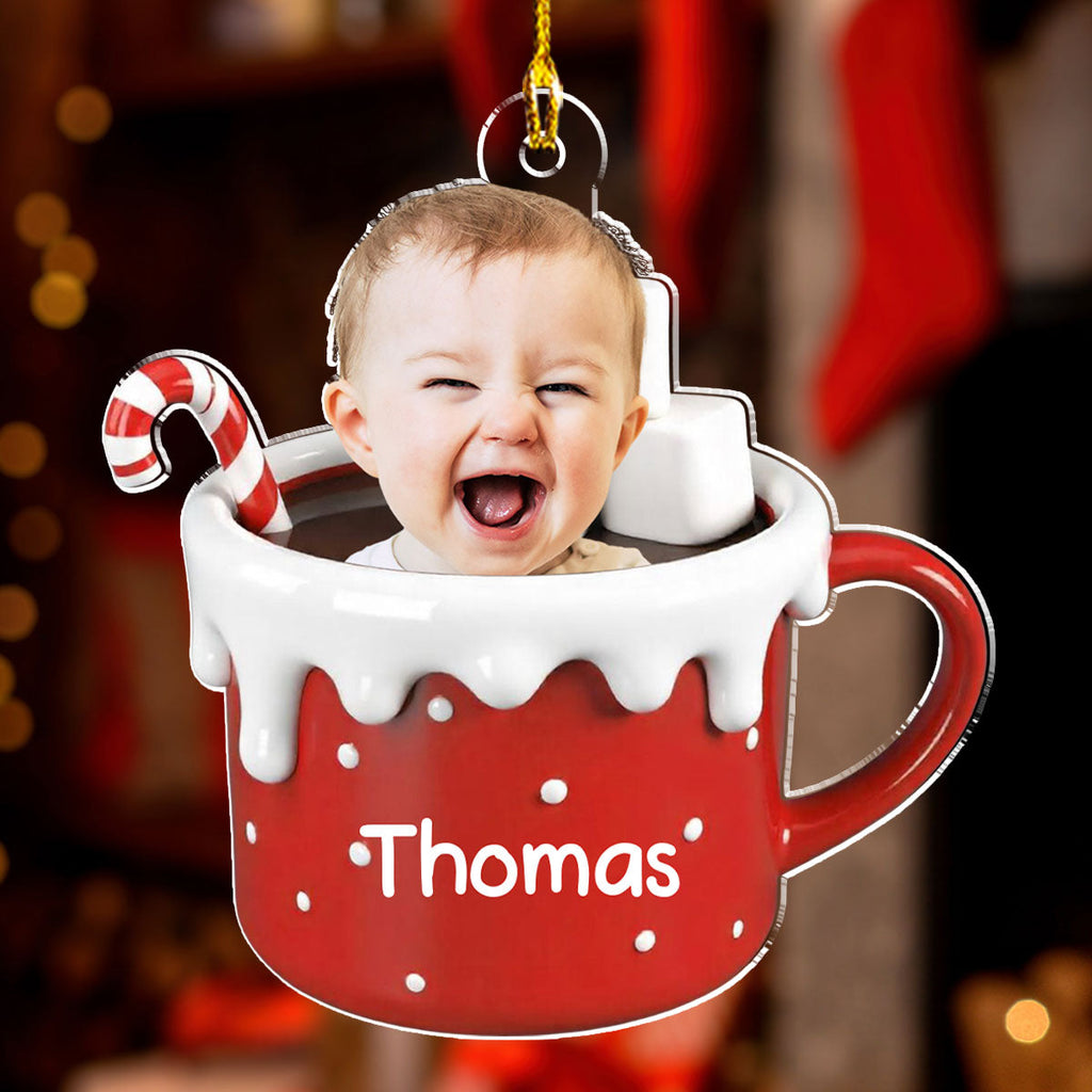 Custom Photo Baby Christmas Ornament for New Parents • Baby In Hot Cocoa - Personalized Acrylic Ornament