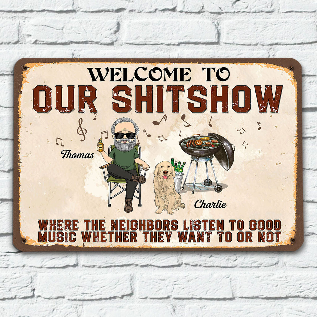 Custom Family Campground Sign, Campsite Outdoor Wall Decor • Our Shitshow Alcohol And Dog Treats - Personalized Metal Sign