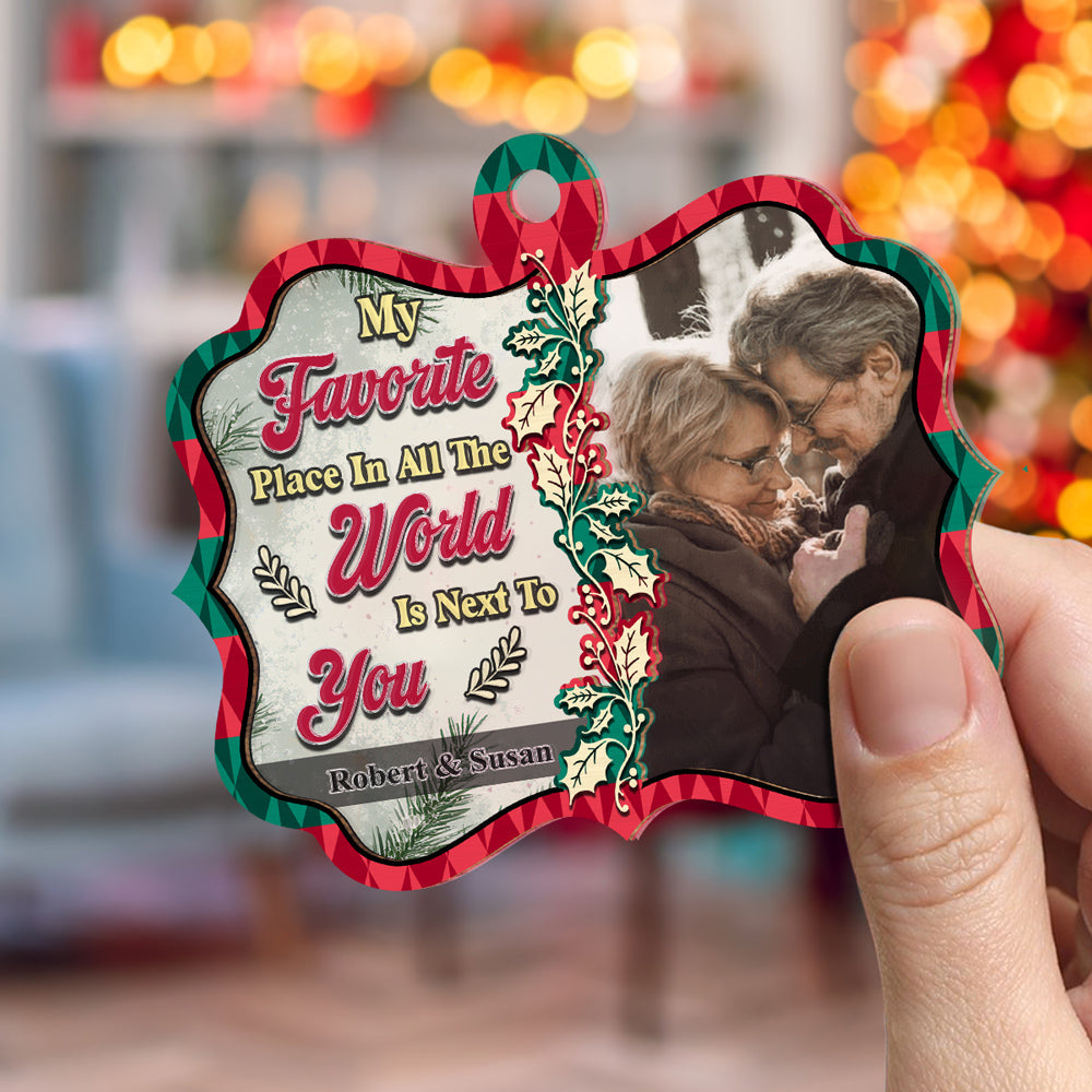 Custom Photo Couple Christmas Ornament, Anniversary Gift • My Favorite Place In All The World - Personalized Suncatcher Ornament