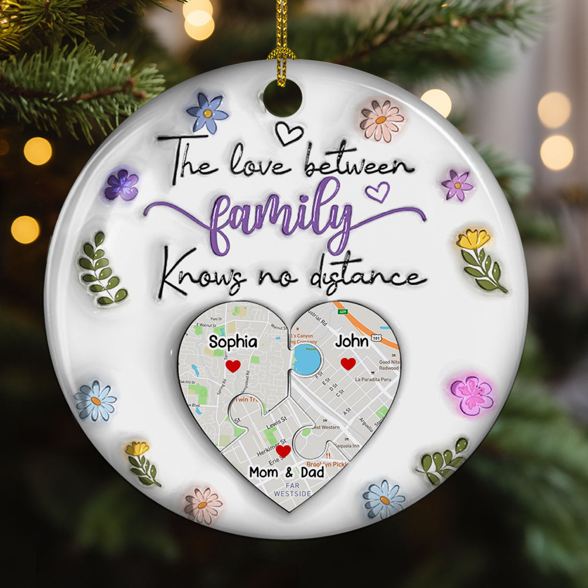Custom Family Christmas Ornament for Long Distance Families •  The Love Between Family Knows No Distance - Personalized 3D Inflated Effect Ceramic Ornament