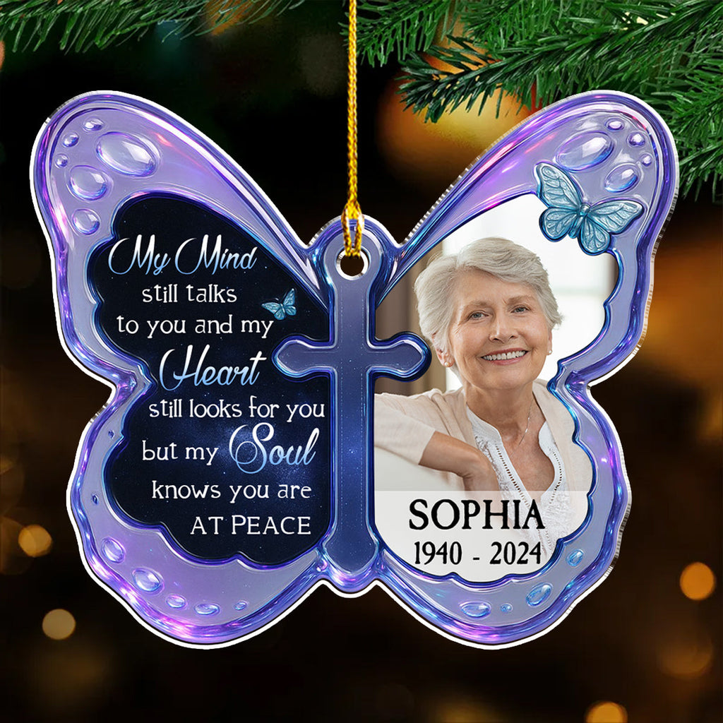 Custom Photo Memorial Christmas Ornament, Sympathy Keepsake • At Peace - Personalized Acrylic Ornament