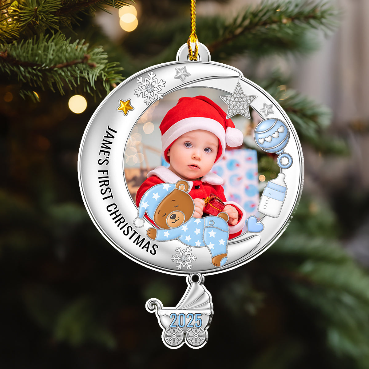 Custom Photo Baby First Christmas Ornament for New Parents • Cute Baby In The Moon Christmas - Personalized Acrylic Ornament