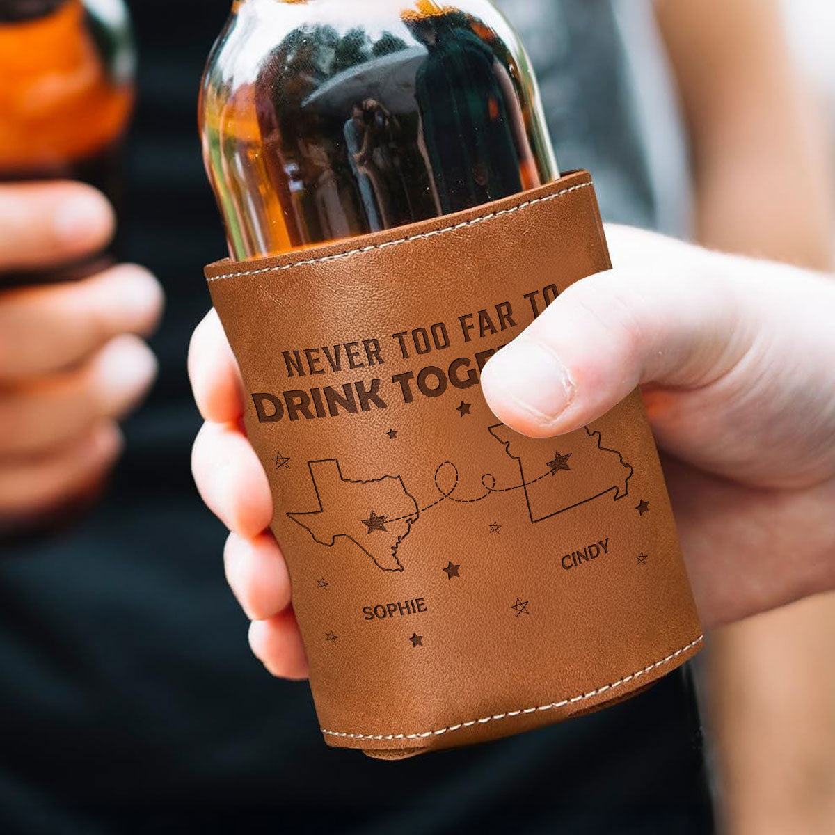 Never Too Far To Drink - Personalized Engraved Leather Can Cooler Holder