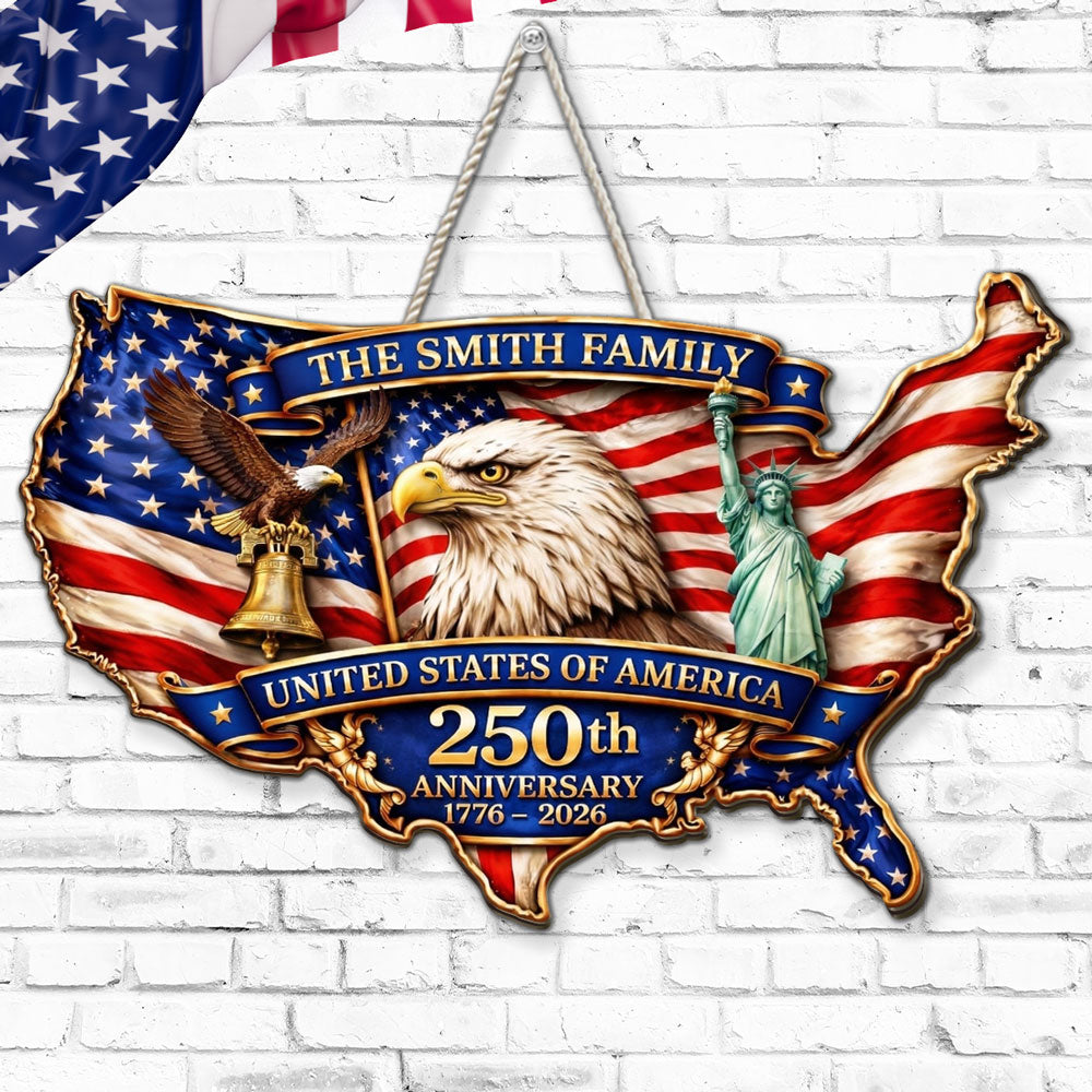 Custom Family Patriotic Hanging Decor, 4th of July • Anniversary 250 - Personalized Wood Sign