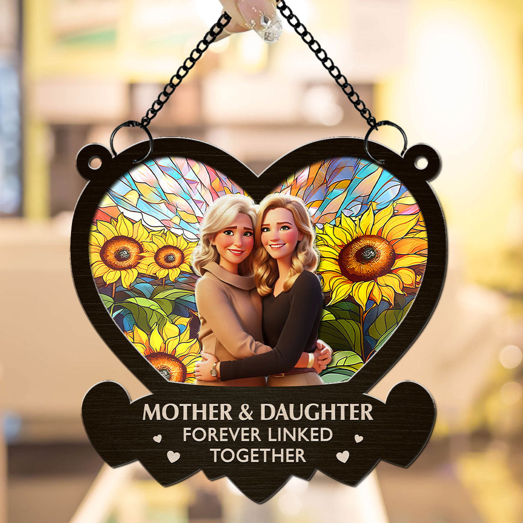 Custom Photo Hanging Decor for Mom Daughter, Mother's Day Birthday Gifts • The Link Between Mother And Daughter Cartoon - Personalized Suncatcher