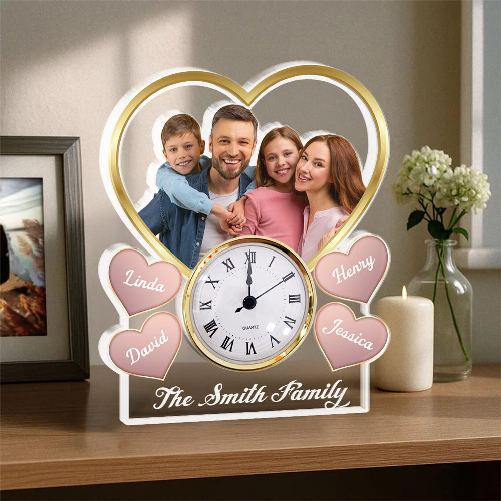 Custom Couple's Decor, Anniversary & Wedding Gift • Heart Family Photo - Personalized Acrylic Desk Clock Plaque