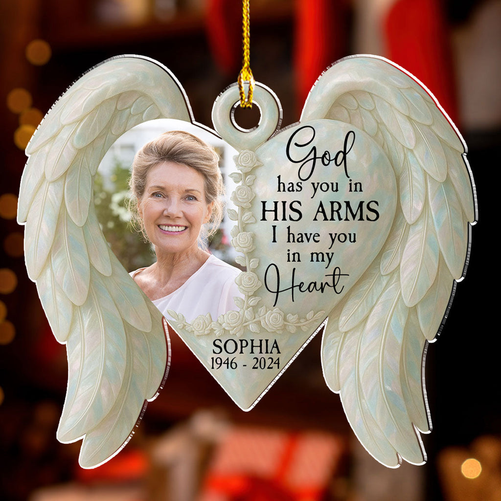 Custom Photo Memorial Christmas Ornament, Sympathy Keepsake • God Has You In His Arm - Personalized Acrylic Ornament
